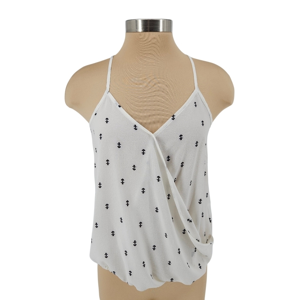 Pink Rose Faux Wrap Tank Top Anchor Print Sleeveless V Neck Shirt Small